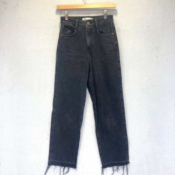 Zara Denim - ZARA Raw Hem Jeans Size 2 Black Denim High Waist Straight Leg 27.5" Inseam Punk